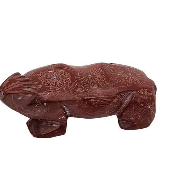 Native American Zuni Bear Fetish Derrick Kaamasee Pipestone Carving Turquoise 4" - Picture 12 of 16